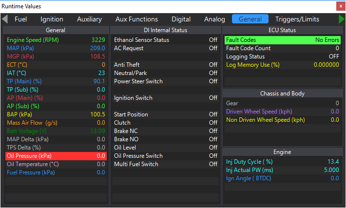 A typical runtime values window.